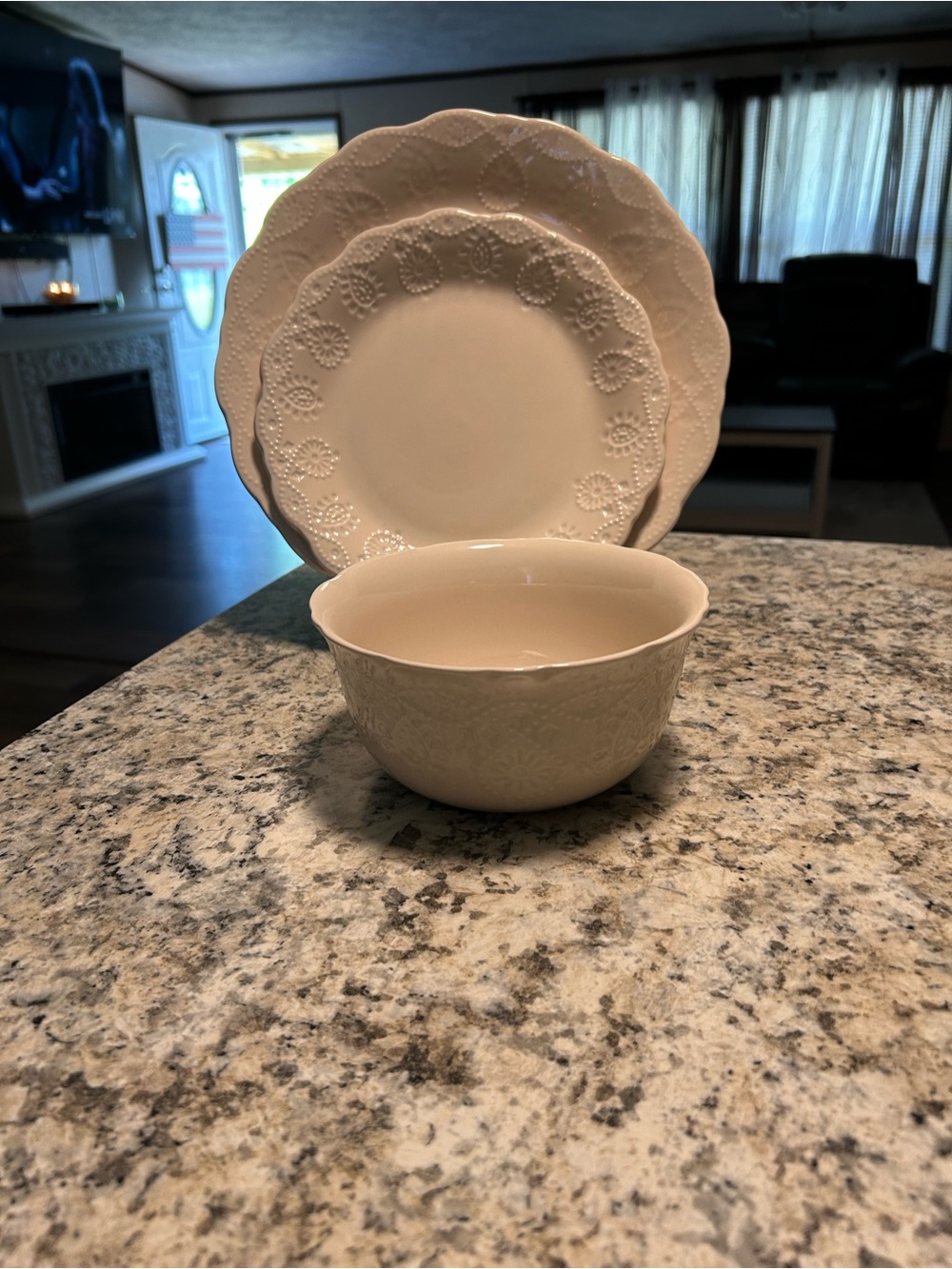 Pioneer Woman Vintage Lace place setting- plate-saucer- and bowl set